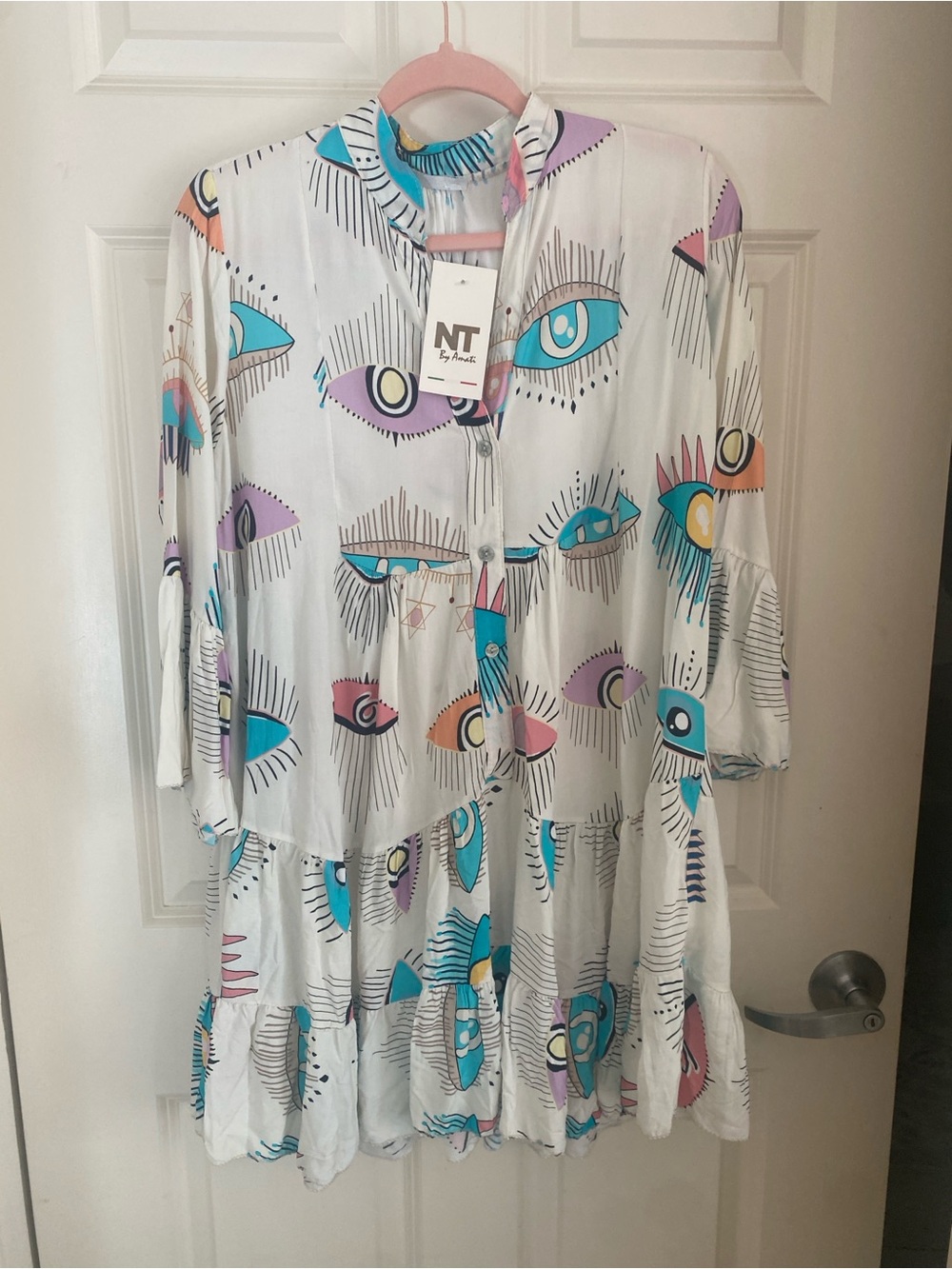 NT by Amati  Eye Print Tiered Tunic Dress - White with Teal, Pink & Purple Eyes